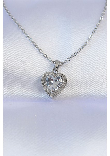 Tegan 316L Çelik Zincir Gümüş Renk Zirkon Taşlı Charm Kalp Kolye TG27BKO8744