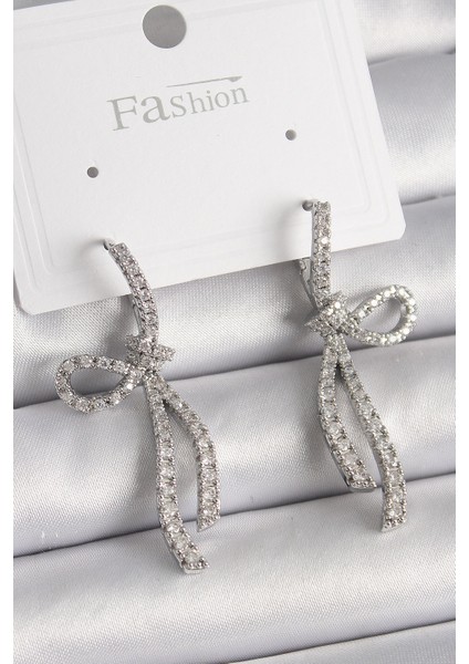 Tegan Pirinç Gümüş Renk Zirkon Taşlı Kurdele Model Kadın Küpe TG27BKP9775