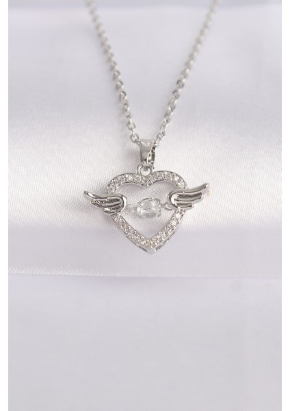 Tegan 316L Çelik Zincir Gümüş Renk Zirkon Taşlı Kanatlı Kalp Kolye TG27BKO8627