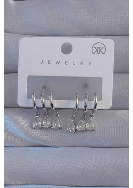 Tegan Pirinç Gümüş Renk Zirkon Taşlı Damla Model Çoklu Görünüm Yarım Halka Küpe TG27BKP9141