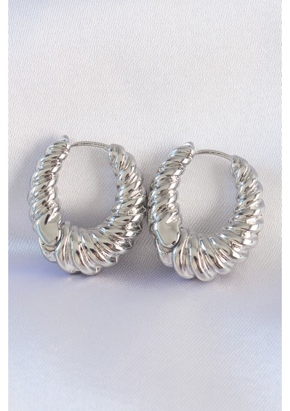 Tegan Pirinç Gümüş Renk Tırtık Detay Bombeli Halka Küpe TG27BKP8973