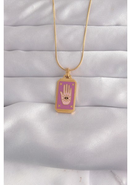 Tegan 316L Çelik Gold Renk Mor Mineli El Figür Tarot Kolye TG27BKO9034