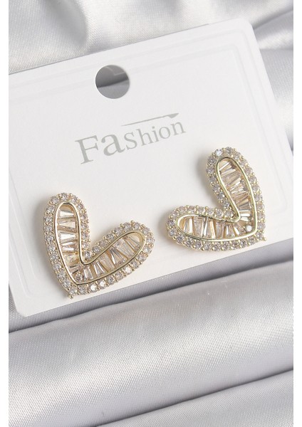 Tegan Pirinç Gold Renk Zirkon Taşlı Kalp Model Kadın Küpe TG27BKP9760