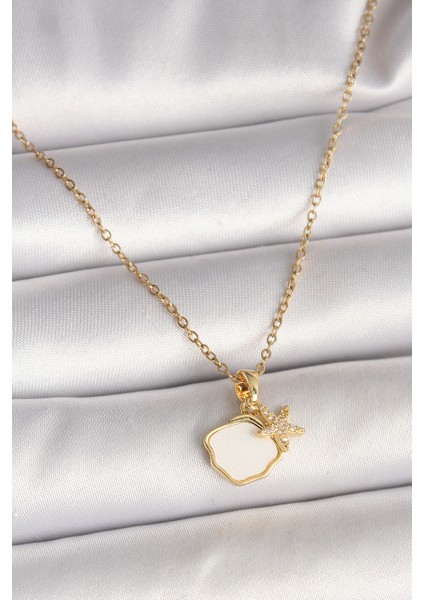 Tegan 316L Çelik Gold Renk Zincir Sallantı Beyaz Mineli Deniz Kabuğu Zirkon Taşlı Deniz Yıldızı Figür Kadın Kolye TG27BKO9970