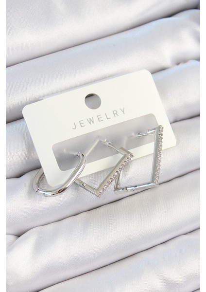 Tegan Pirinç Zirkon Taşlı Dikdörtgen Model Gümüş Renk 3'lü Çift Kadın Küpe Set TG27BKP10802