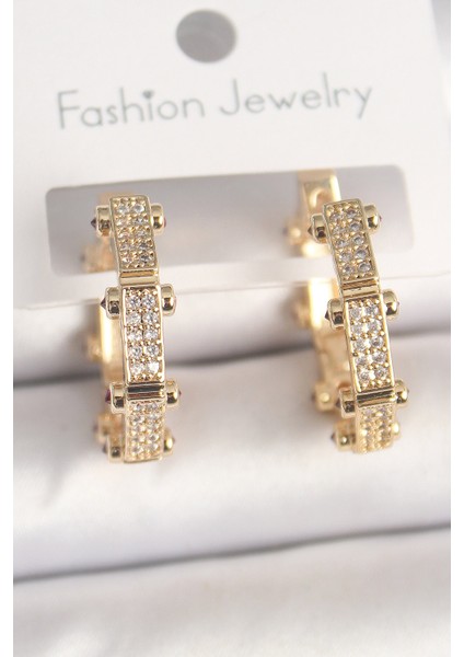 Tegan Pirinç Gold Renk Zirkon Taşlı Halka Model Kadın Küpe TG27BKP10015