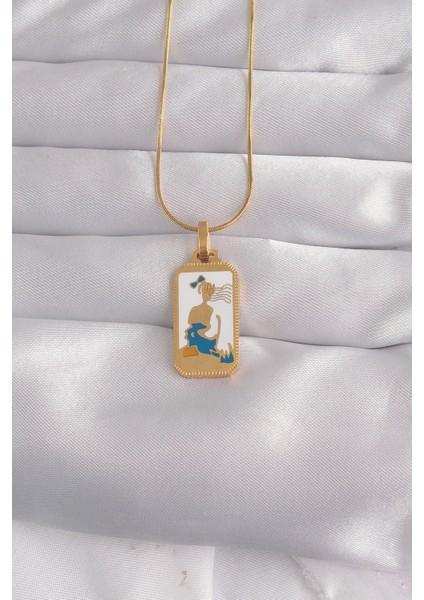 Tegan 316L Çelik Gold Renk Beyaz Mineli Kız Figür Tarot Kolye TG27BKO9027