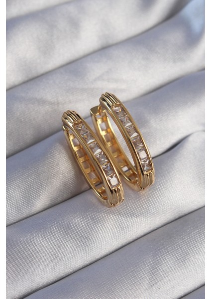 Tegan Pirinç Gold Renk Zirkon Taşlı Oval Model Küpe TG27BKP9079