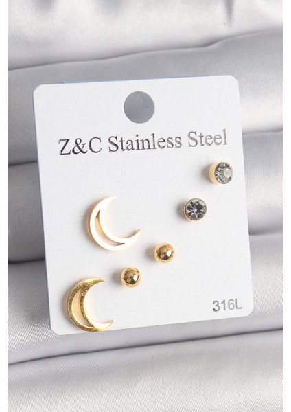 Tegan 316L Çelik Gold Renk Zirkon Taşlı Hilal Model Kadın Küpe Seti TG27BKP10009