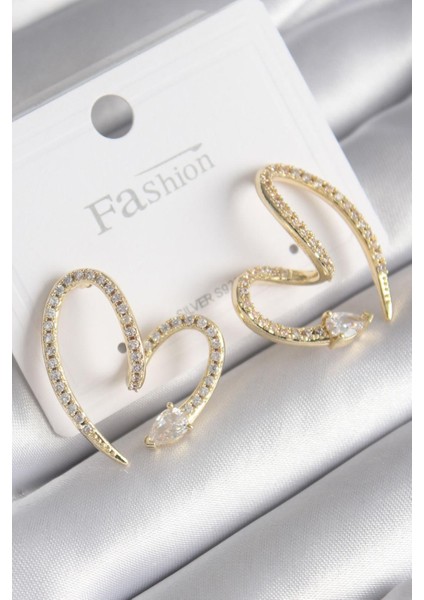 Tegan Pirinç Gold Renk Zirkon Taşlı Yılan Kalp Model Kadın Küpe TG27BKP9741