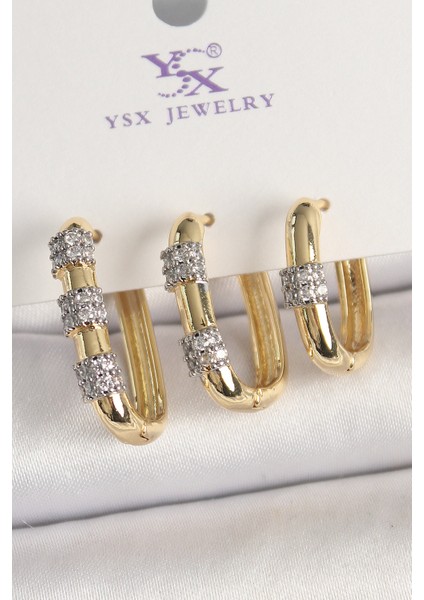 Tegan Pirinç Gold Renk 3'lü Halka Model Gümüş Zirkon Taş Detaylı Kadın Kombin Küpe TG27BKP10472