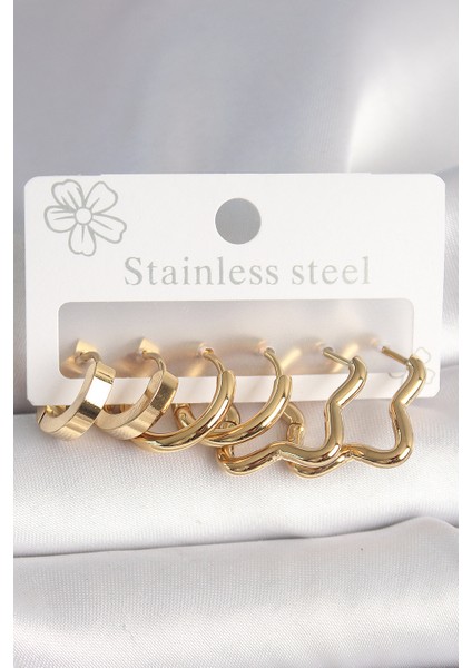 Tegan 316L Çelik Gold Renk Yıldız Halka Model Kadın Küpe Seti TG27BKP10392