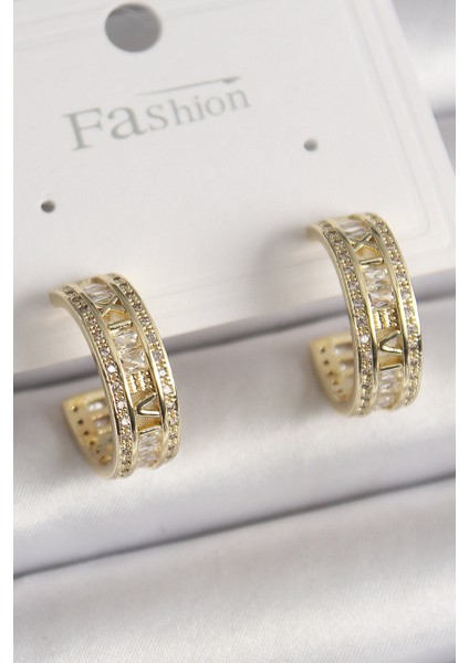 Tegan Pirinç Gold Renk Zirkon Taşlı Işleme Detay Halka Model Kadın Küpe TG27BKP9913