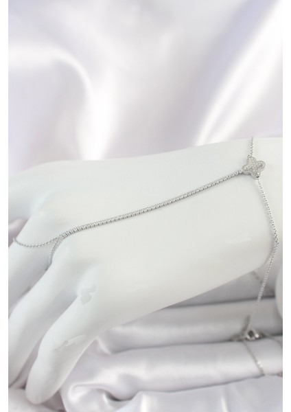 Tegan Pirinç Gümüş Renk Su Yolu Zirkon Taşlı Işlemeli Yonca Model Kadın Şahmeran TG27SN626