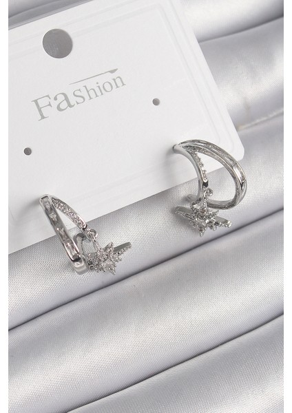 Tegan Pirinç Gümüş Renk Zirkon Taşlı Halka Model Sallantı Yıldız Detay Kadın Küpe TG27BKP9990