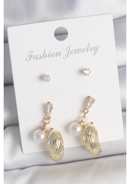 Tegan Pirinç Gold Renk Zirkon Taşlı Incili Sallantılı Işlemeli Damla Model 3 Çift Kadın Küpe Seti TG27BKP10611