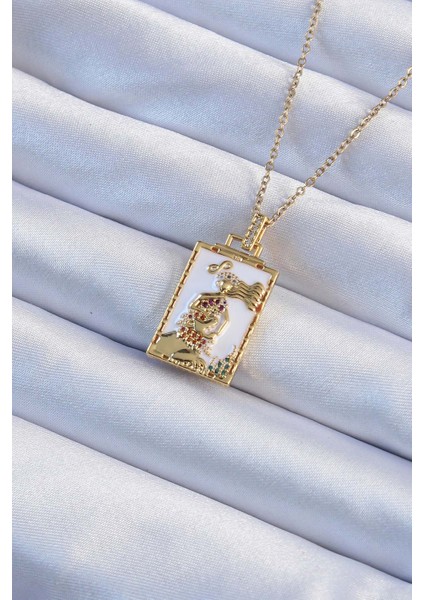 Tegan 316L Çelik Zincir Altın Renk Beyaz Mineli Tarot Kolye TG27BKO9249