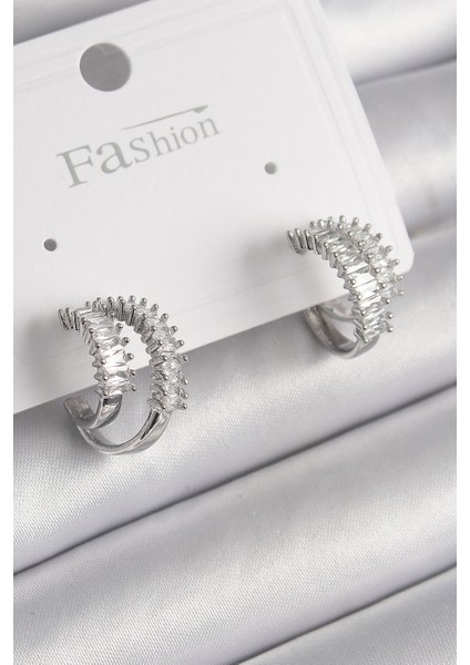 Tegan Pirinç Gümüş Renk 2'li Zirkon Taşlı Halka Model Kadın Küpe TG27BKP9976