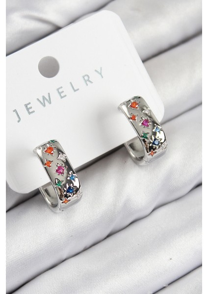 Tegan Pirinç Zirkon Taşlı Yıldız Desen Model Gümüş Renk Kadın Küpe TG27BKP11069