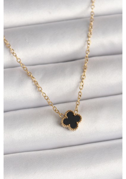 Tegan 316L Çelik Gold Renk Siyah Yonca Model Kadın Kolye TG27BKO10021