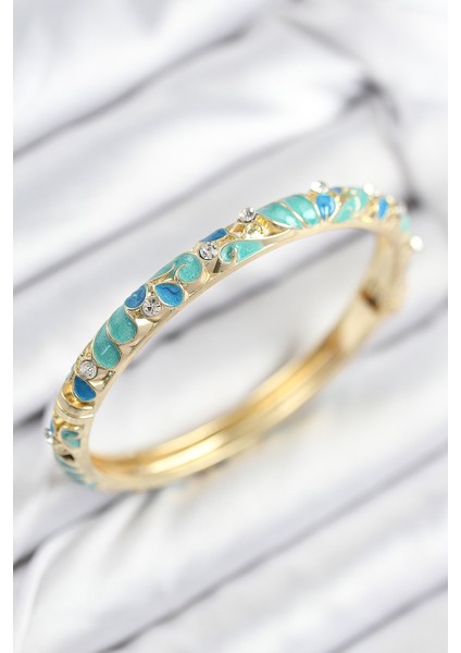 Tegan Mineli Pirinç Zirkon Taşlı Turkuaz Mavi Çiçek Motifli Gold Kadın Kelepçe TG27BB7816