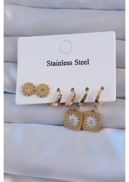 Tegan 316L Çelik Gold Renk Zirkon Taşlı Sedefli Papatya Model Halka Küpe Seti TG27BKP9150