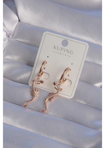 Tegan Xuping Rose Renk Zirkon Taşlı Kertenkele Model Halka Küpe TG27BKP9368