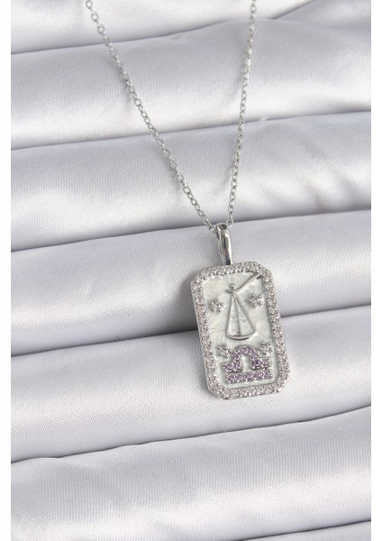 Tegan 316L Çelik Gümüş Renk Terazi Burcu Zirkon Taşlı Kadın Kolye TG27BKO9454