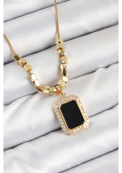 Tegan 316L Çelik Zirkon Taşlı Siyah Baget Model Gold Renk Kadın Kolye TG27BKO10480
