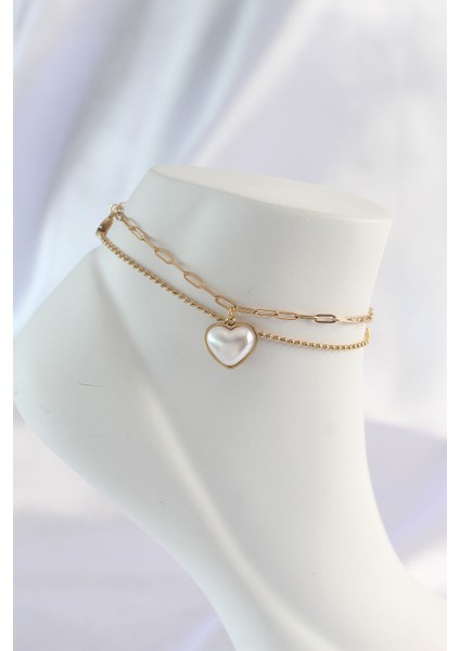 Tegan 316L Çelik Gold Renk Beyaz Kalpli 2li Halhal TG27HH1584