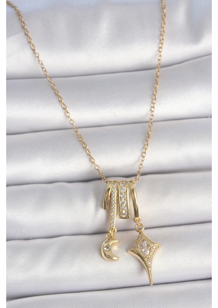 Tegan 316L Çelik Gold Renk Zirkon Taşlı Sallantı Ay Yıldız Figür Charm Kadın Kolye TG27BKO10101