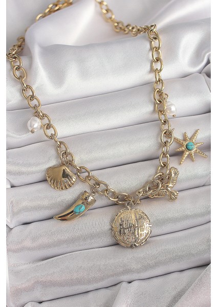 Tegan 316L Çelik Gold Renk Zincir Sallantılı Çoklu Figür Model Kadın Kolye TG27BKO9849 fiyatları