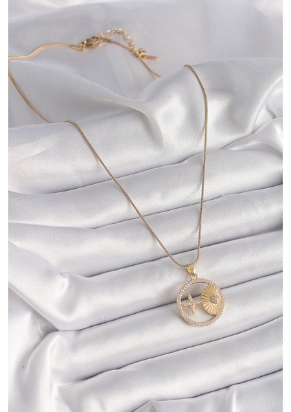 Tegan 316L Çelik Gold Renk Zincir Zirkon Taşlı Yıldız Işleme Madalyon Model Kadın Kolye TG27BKO9636 fiyatları