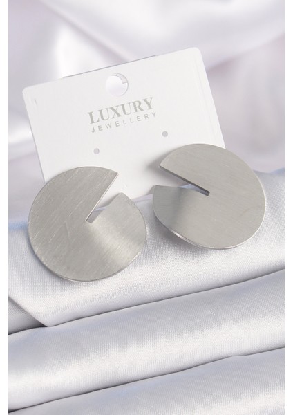 Tegan Pirinç Gümüş Renk Daire Plaka Model Kadın Küpe TG27BKP9524