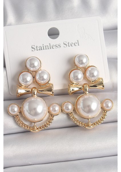 Tegan Pirinç Gold Renk Incili Çapa Model Kadın Küpe TG27BKP10063