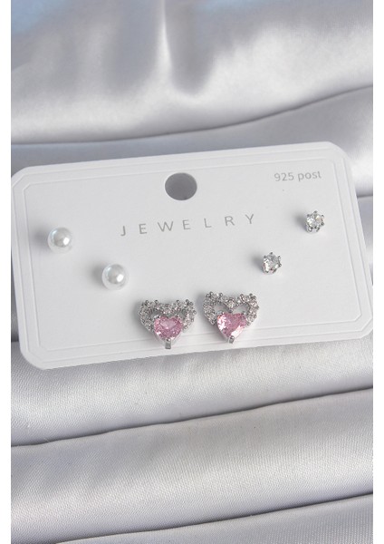 Tegan Pirinç Gümüş Renk Pembe Zirkon Taşlı Kalp Model Inci Detay 925 Ayar Gümüş Çivi Kadın Küpe Seti TG27BKP10489