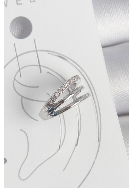 Tegan Pirinç Gümüş Renk Zirkon Taşlı 3'lü Sıralı Model Kadın Kıkırdak Küpe TG27BKP10555