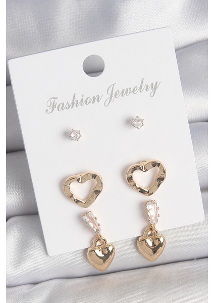 Tegan Pirinç Gold Renk Zirkon Taşlı Sallantı Kalp Model Kadın 3 Çift Küpe Seti TG27BKP10613