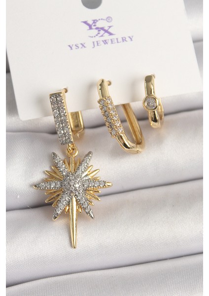 Tegan Pirinç Gold Renk Sallantı Zirkon Taşlı Kutup Yıldız Model 3'lü Kadın Kombin Küpe TG27BKP10473