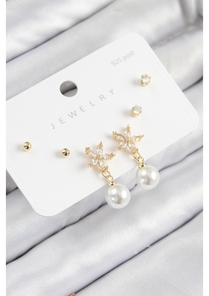 Tegan Pirinç Zirkon Taşlı Inci Sallantılı Çiçek Model Gümüş Renk 925 Ayar Gümüş Çivi Kadın Küpe Set TG27BKP11176