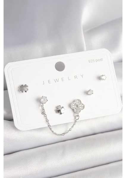 Tegan 925 Ayar Gümüş Çivi Pirinç Gümüş Renk Zirkon Taşlı Yonca Model Sallantı Zincir Detay Kadın Küpe Seti TG27BKP10400