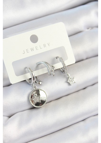 Tegan Pirinç Zirkon Taşlı Sallantılı Yıldız Model Gümüş Renk 3'lü Çift Kadın Küpe Set TG27BKP10792