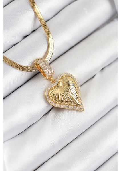 Tegan 316L Çelik Zirkon Taşlı Kalp Model Gold Renk Kadın Kolye TG27BKO10530