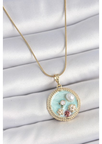 Tegan 316L Çelik Gold Renk Zincir Mavi Mineli Inci Çiçek Işlemeli Zirkon Taş Detaylı Madalyon Model Kadın Kolye TG27BKO10174