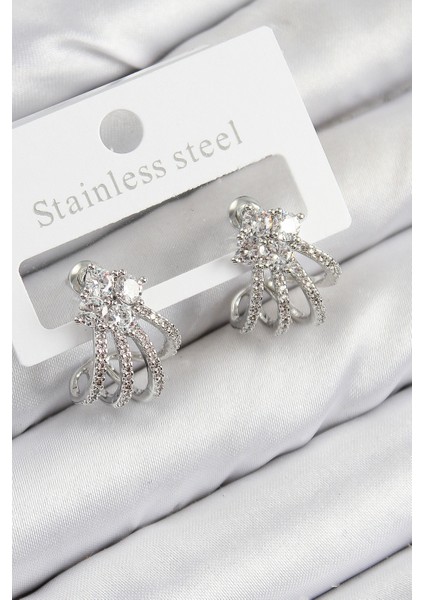 Tegan Pirinç Zirkon Taşlı Model Gümüş Renk Kadın Küpe TG27BKP11107