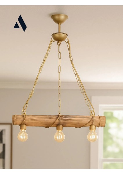 Corda Rustik Çiftlik Tarzı 3'lü Avize – Halat Sargılı Ahşap Gövde, Zincir Askılı