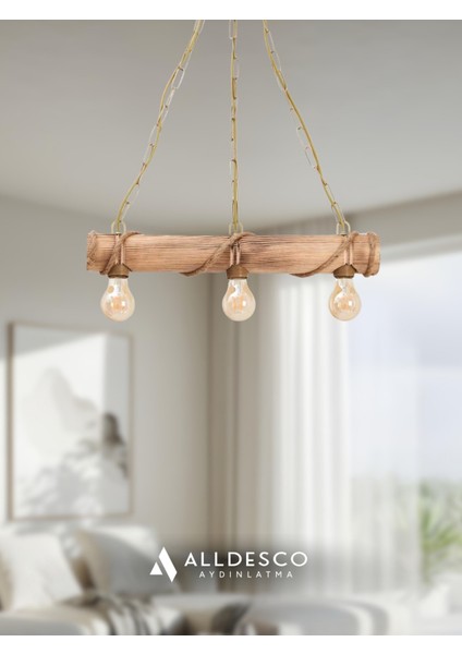 Corda Rustik Çiftlik Tarzı 3'lü Avize – Halat Sargılı Ahşap Gövde, Zincir Askılı fiyatları