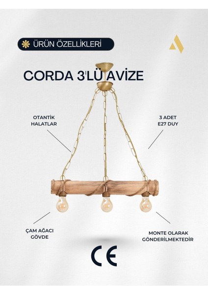Corda Rustik Çiftlik Tarzı 3'lü Avize – Halat Sargılı Ahşap Gövde, Zincir Askılı modelleri