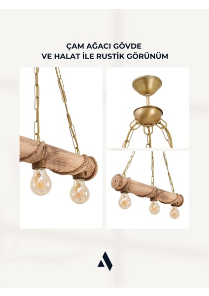 Corda Rustik Çiftlik Tarzı 3'lü Avize – Halat Sargılı Ahşap Gövde, Zincir Askılı fırsatları