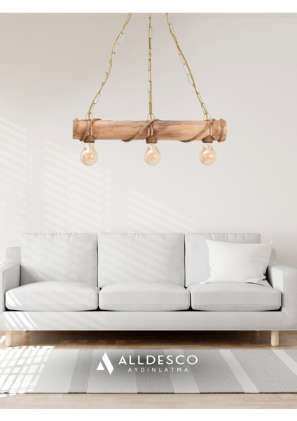 Corda Rustik Çiftlik Tarzı 3'lü Avize – Halat Sargılı Ahşap Gövde, Zincir Askılı indirimleri